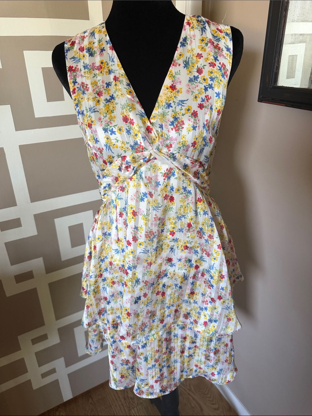Banana Republic White Floral V-Neck Mini Dress with Yellow, Blue & Pink Print